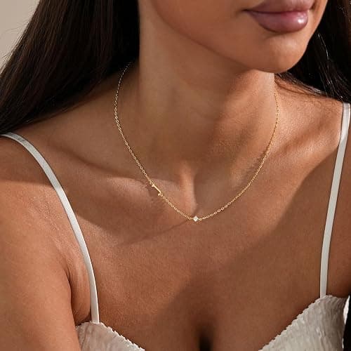Initial Necklaces for Women,14K Gold Plated CZ Sideways Letter Necklace Dainty Small Cute Gold Initial Necklace Personalized Custom Name Choker Necklaces for Women Non Tarnish Jewelry Aesthetic Stuff thumbnail 6