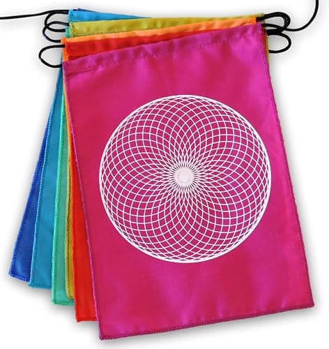 Sacred Geometry Rainbow Prayer Flags Positive Energy Shri Yantra, flower of life, seed of life, (9X12 multi) Our flags are hand printed and stitched by a Balinese family in indonesia thumbnail 2