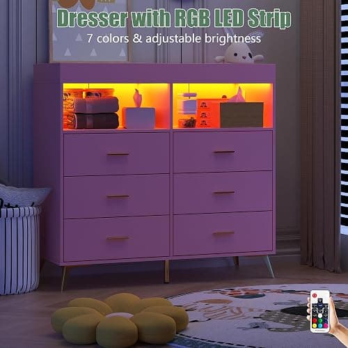 GarveeHome Dresser for Bedroom with 6 Drawers, Baby Changing Table Dresser with Changing Pad, LED Lights & Charging Station, Baby Changing Station with Changing Table Top, Pink - Pink thumbnail 6
