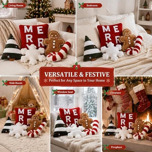 Geelin 5 Pcs Christmas Throw Pillows Gingerbread Christmas Tree Pillows Snowflake Candy Canes Shape Pillows Stuffed Plush Merry Christmas Decorations for Bed Home Sofa Couch Party thumbnail 6