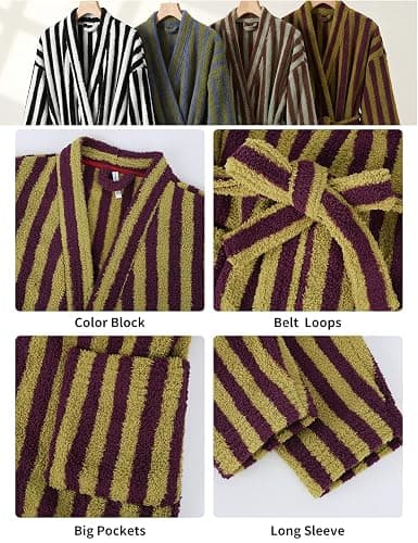 Arssm Womens Striped Fluffy Robe Long Plush Fuzzy Warm Bathrobes | Cozy Thick Loungewear, Maxi Robe, Color Block, Housecoat thumbnail 2
