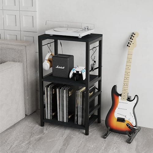 YAKANJ End Table with LED Light,Record Player Stand with Albums Storage,Vinyl Records Storage,Turntable Stand Side Table for Music Room Studio Living Room Bedroom-Modern Black thumbnail 2