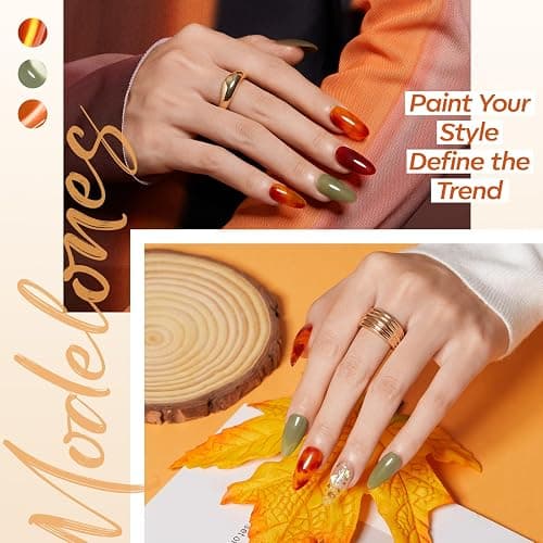 Modelones Gel Nail Polish, 6 Colors Fall Wine Brown Orange Green Jelly Gel Polish Yellow Gold Glitter Cat Eye Nail Polish with Magnet and Wooden Stick Soak Off LED Manicure Kit DIY Gift thumbnail 3