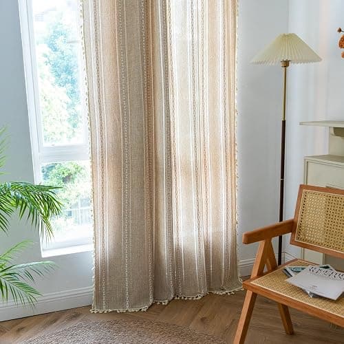 Sutuo Home Boho Curtain for Bedroom Living Room 84 Inches Length, Light Filtering French Country Farmhouse Vintage Chic Tassels Hollow Window Treatment Bohemian Drape, 1 Panel 52" W x 84" L Natural thumbnail 3