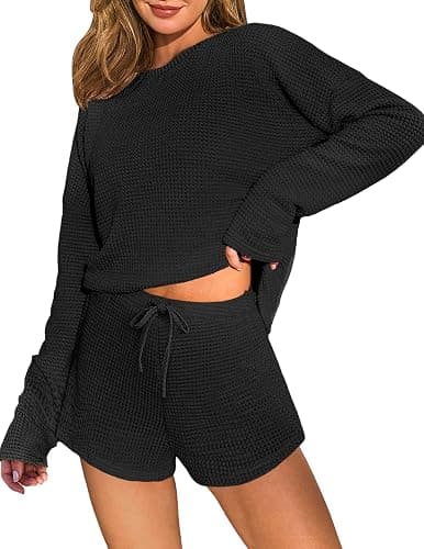 Ekouaer Waffle Knit Pajama Sets for Women Solid Lounge Sets Long Sleeve Top and Shorts Pjs S-XXL - Image 1