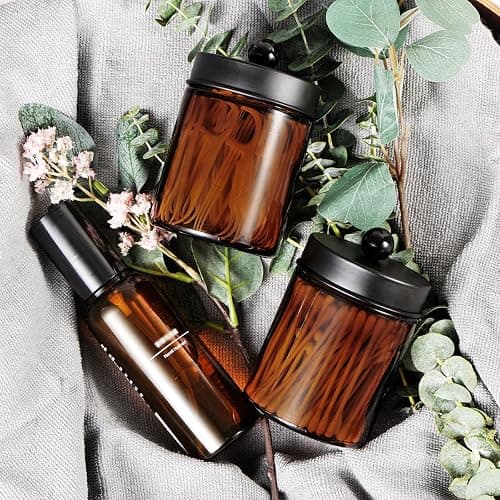 Amber Glass Qtip Holder, Apothecary Jar,Qtip Dispenser with Metal Lid & Stickers- 3Pack Containers,Vanity Canister Organizer Storage,Bathroom Accessories Set for Cotton Swab, Ball, Pad, Floss thumbnail 5