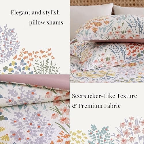 CASAAGUSTO Full Comforter Set, 7 PCS Pinkish Floral Comforter Set with Flowers Leaves Pattern, Soft Seersucker Design All Season Full Size Bedding Set(80"X90") thumbnail 7