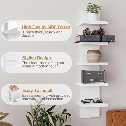 Fun Memories 5 Tier Wall Shelf Unit, White Floating Shelves for Storage - Vertical Column Tower Design, Lack Wall Shelf Space Saving Organizer for Bedroom, Living Room, Home Decor thumbnail 4