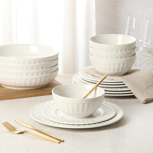 Gibson Home Melbourne White Plates and Bowls Set, 16 Piece Embossed Ceramic Dinnerware Set - Service for 4 Dishes - With Pasta Bowl thumbnail 6