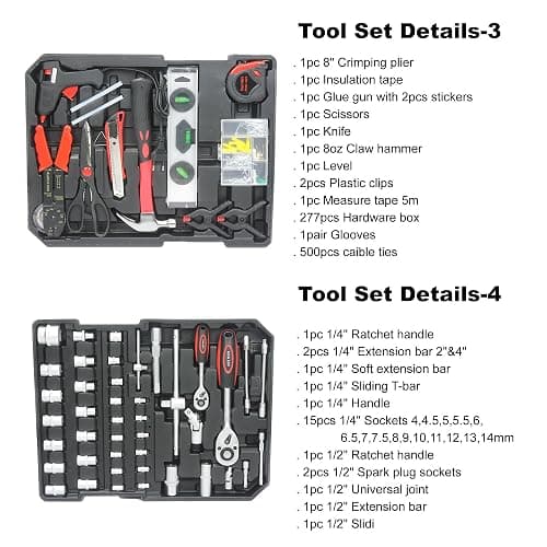 RYH 899pcs All-in-One Professional Tool Set & Rolling Tool Box Set - 4 Drawer Organizer Storage Case - Complete Home, Auto, Mechanic Tool Kit for DIY, Homeowner, Handyman Tool Set (899pcs+Silver) thumbnail 6