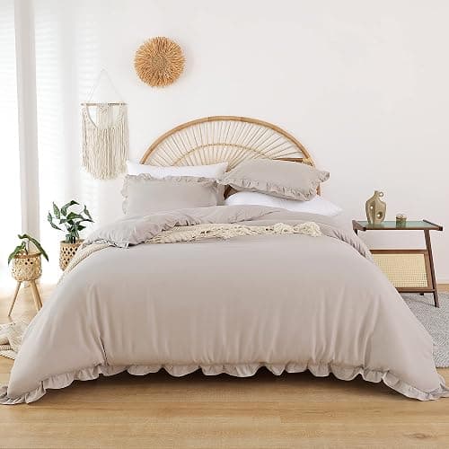 JANZAA Oatmeal Comforter Set Twin – Soft Microfiber, Lightweight All Season Bedding, Ruffle Shabby Chic Aesthetic, Breathable Cozy Bed Set with 1 Pillow Shams, Machine Washable thumbnail 7