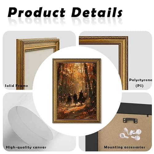 Halloween Vintage Gold Framed Canvas Wall Art, Autumn Forest Witch Wizards with Fall Leaves in Woodland, Easy to Hang Fade Resistant Print, Wall Decor for Bedroom Bathroom Living Room, 8x10 inches thumbnail 7