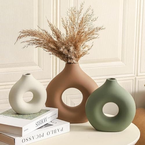 Vanselia Ceramic Vase Home Table Decor - Flower Vases Set of 3 Small Living Room Centerpiece Decorations for Shelf Bedroom Office Kitchen Dining Desk Modern Aesthetic Farmhouse Decorative (Brown) thumbnail 4