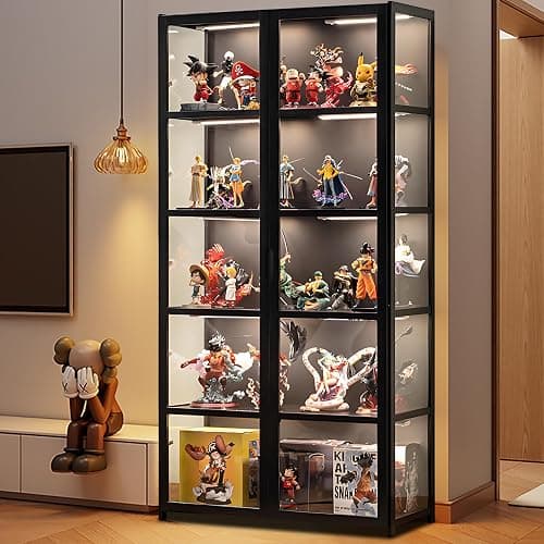 QOEUDD Display Cabinet with Acrylic Glass Door, 5 Tier Curio Display Case, Collectibles Toy Organizers Rack & Display Shelf, Kids Bookcase for Bedroom, Reading Nook, Toddler's Room, Bamboo - Image 1