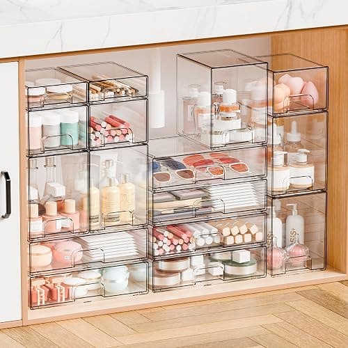 Yieach 4 Pack Small Clear Stackable Storage Drawers,2.2'' Tall Desk Organization and Storage,Plastic Office Supply Organizer,Acrylic Storage Containers for Makeup,Hair Clip,Accessory,Pen,Art Crafts thumbnail 7