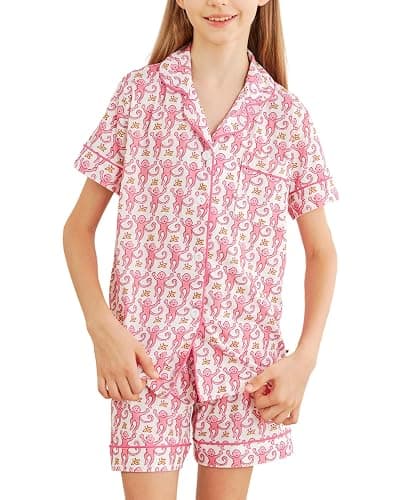 HMPEAIIY Cute Monkey Pajamas Set for Girls, Kids Summer Button Down Matching Y2k Loungewear PJs Christmas Thanksgiving Gift - Image 1