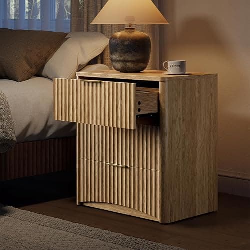 Evermagin Fluted Nightstand Set of 2, Natural Oak Bedside Table with 3 Drawers, Wood End Table with Storage Mid Century Modern, Large Night Stand for Bedroom thumbnail 4