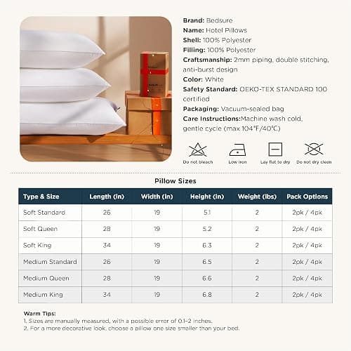 Bedsure King Size Pillows Set of 2 - King Size Bed Pillows 2 Pack for Sleeping, Soft and Supportive, Hotel Quality, Original Down Alternative Filling for Side, Back Sleepers thumbnail 6
