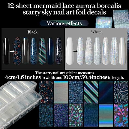 12 Rolls Aurora Nail Art Foils Transfer Stickers Glass Fragment Nail Foils Transfer Sheets Holographic Starry Sky Paper Manicure Accessories for Women Nails Art Decorations thumbnail 3