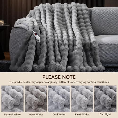 Anysay Heated Blanket Throw with 1/2/4/6/8 Hours Auto-Off 10 Heat Level, 50'' * 60'' Cozy Faux Rabbit Fur Bubble Electric Blanket with Overheat Protection(Light Grey) thumbnail 6