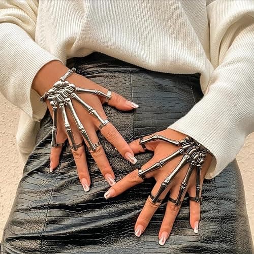 Taichell Skeleton Hand Bracelet Halloween Jewelry Decoration Skull Skeleton Hands with Snake Full Finger Rings for Women Men Punk Goth Bracelets Rings Jewelry Halloween Cosplay thumbnail 2