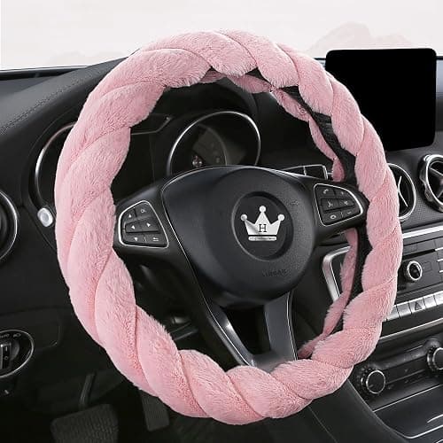 HighnessHwoo Luxury Fluffy Winter Car Steering Wheel Cover for Women Soft Warm Plush Cute Auto Accessories for Vehicle, Sedan, Universal, Fuzzy, Anti Slip, Pink, Standard Size, 14.75-15.15" thumbnail 2