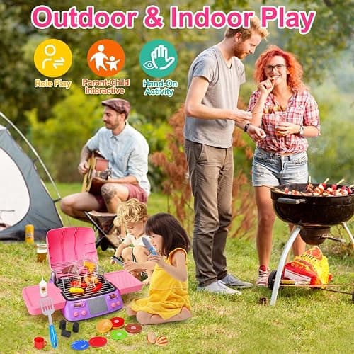 Kids BBQ Grill Playset with Coooking Apron Hat Toddler Girl Pink Kitchen Toy Ages 3-5 4-8 Pretend Smoke Sound Light Outdoor Barbecue Accessories Toy for 3 4 5 Year Old Girl Birthday Gift thumbnail 6