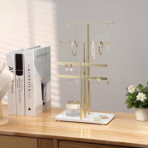 pickpiff Jewelry Stand Holder Organizer: 14.5" Sturdy Hanger for 80 Pcs Jewelry, Jewlery Tower for Display Necklace, Earring, Bracelet, Watch, Mirrored Gold thumbnail 6