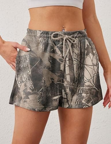 Eutten Women Camo Sweat Shorts Casual Elastic Waist Lounge Shorts Drawstring Maple Leaf Print Athletic Shorts with Pockets - Small - Dark Green thumbnail 4