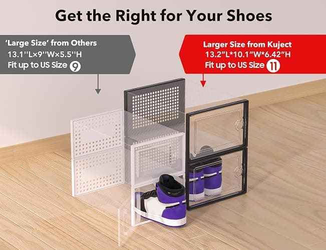 Kuject X-Large Shoe Storage Boxes Organizers Clear Plastic Stackable 12 Pack, Shoe Rack & Holder Substitute, Sneaker Containers, Toy Storage Organizer Bins for Entryway, Closet, Under Bed, Black thumbnail 4