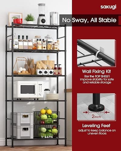Sakugi Storage Shelves - 5 Tier Shelf Organizer, Heavy Duty Garage Shelving Unit with Leveling Feet, Stable Metal Shelves Organizer for Pantry, Kitchen and Closet, 33.0" W x 12.6" D x 72.0" H, Black thumbnail 7