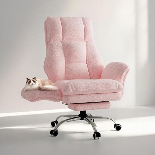 Big and Tall Office Chair, Flip Armrests for Pets & Cross Legged Sitting, Executive Ergonomic Computer Gaming Chair with Foot Rest, Teddy Fleece Wide Seat Reclining Desk Chair, Pink - Image 1