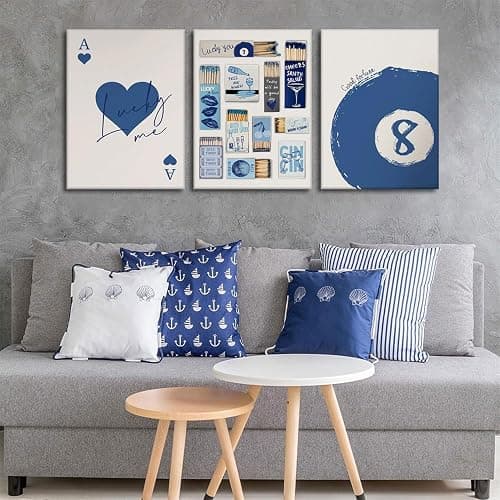 3 Pcs Framed Blue Vintage Matchbox wall art lucky Trendy Red Hearts Playing Wall decor picturesCard Pool Ball Paintings Aesthetic canvas posters prints for girl dormitory apartment Home Decoration - Canvas - 12x16in thumbnail 3