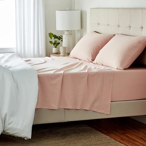 Amazon Basics 4 Piece Breathable 100% Cotton Jersey Knit Bed Sheet Set, Includes Flat and Fitted Sheets, Pillowcase, Queen, Blush - Image 1