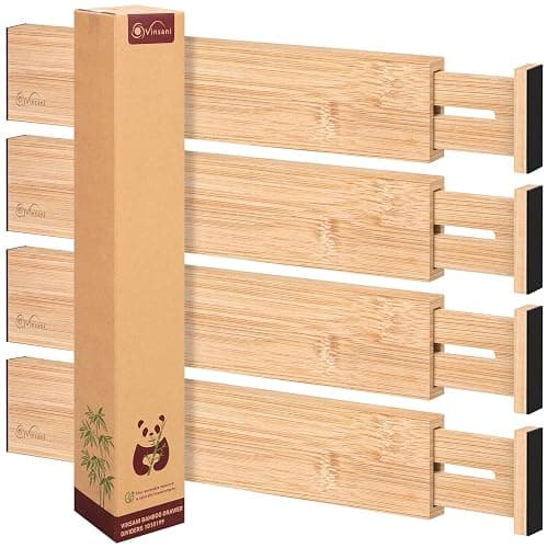 Vinsani Bamboo Drawer Dividers Set of 4 Expandable Drawer Organiser Expandable Adjustable 42-56 cm Spring-Loaded Drawer 2.4in High Separator Partitions for Kitchen Utensils Clothes Tools Home Office thumbnail 9