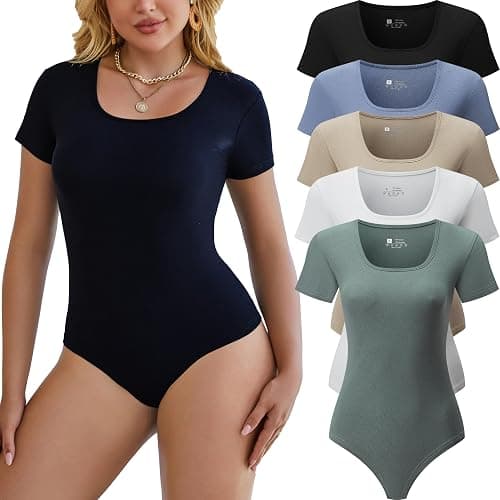 Chongbaijia 5 Pack Short Sleeve Bodysuits for Women Square Neck Casual Stretchy Basic Body Suits Tops T Shirts - Image 1