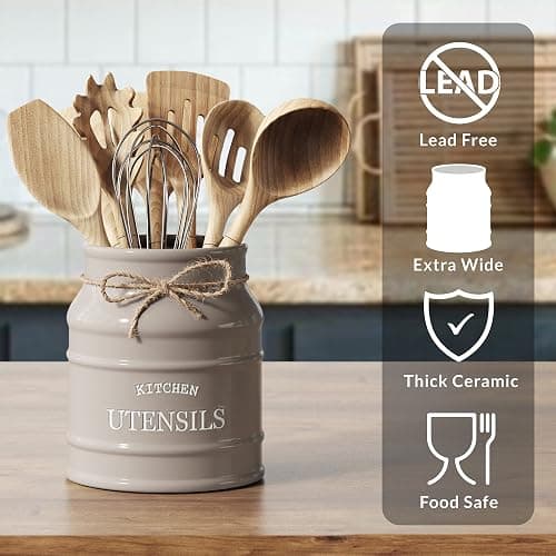 Barnyard Designs Ceramic Farmhouse Utensil Holder for Kitchen Counter, Large Rustic Utensil Crock, Countertop Cooking Tool Spatula Organizer, 6.75” (Taupe) thumbnail 4
