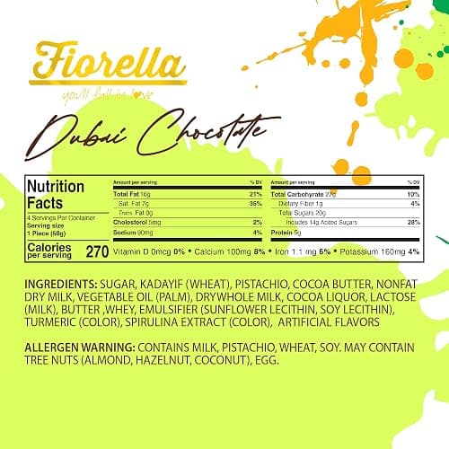 Fiorella Dubai Chocolate Bar Pistachio, Luxury & Premium Dubai Milk Chocolate Bar Filled with Pistachio Butter & Shredded Knafeh Kadayif, Snacks for Kids & Adults - 7.05 Oz thumbnail 2