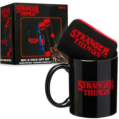Get Trend Stranger Things 11oz Mug and Socks Set, Novelty Valentines Day Gifts for Men, Women, Teens, Crew Socks with Ceramic Coffee Mug Microwave Safe (Red/Black Stranger Things) - Image 1