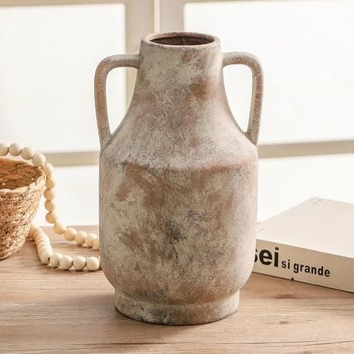 Mitt&Ditt Ceramic Flower Vase with Handles, 11 inch Tall Vase for Centerpieces, Large Decorative Terracotta Vases, Farmhouse Rustic Vases for Home Decor, Living Room, Table, Neutral thumbnail 3