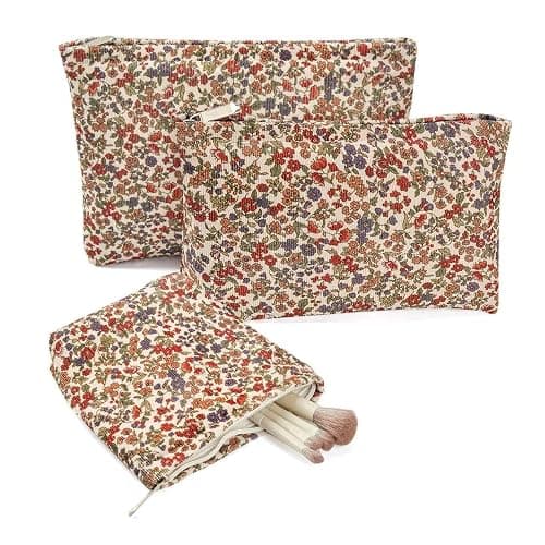 3Pcs Floral Makeup Bags, Cosmetic Bags for Women, Large Capacity Corduroy Makeup bag Set and Portable Mini Makeup Bag,Aesthetic Women Handbags Purses, Travel Essentials Aesthetic Stuff (Floral 01) - Image 1