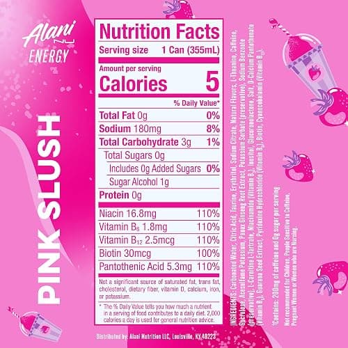 Alani Nu PINK SLUSH, Sugar Free, Low Calorie Energy Drinks, 200mg Caffeine, Biotin, B Vitamins, Zero Sugar, 10 Calories, 12 Fl Oz Cans, 12 Pack thumbnail 3
