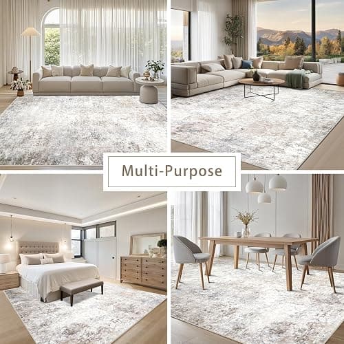 Srugn Washable Rugs 5x7 Area Rugs for Living Room,Modern Abstract Rugs for Bedroom,Large Carpets,Ultra Soft Faux Wool Retro Dining Room Rug,Non Slip&Non-Shedding Low Pile Print Rug- Beige Grey thumbnail 5