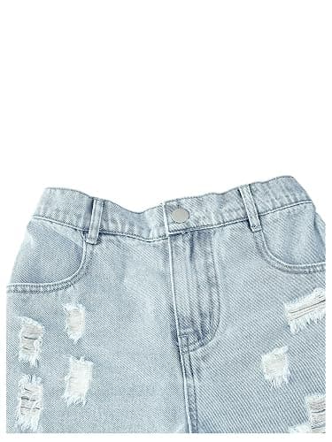 Floerns Girl's Ripped Raw Hem Elastic Waist Straight Leg Denim Shorts with Pockets thumbnail 3