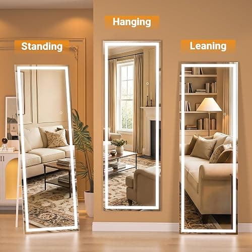 WINNICE Full Length Mirror with Lights, 56" x 15.8" LED Lighted Floor Standing Body Mirror, Dimmable & 3 Color Lighting for Bedroom, Cloakroom, Dressing Room, Tempered Glass, White thumbnail 6