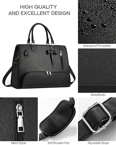 Lunch Tote Bag for Women 2 in 1 Laptop Work Bag with Lunch Insulated Compartment and Purse Combo Waterproof PU Leather 15.6 Inch Computer Crossbody and Shoulder Bag for Daily, Office, Picnic. Black thumbnail 8