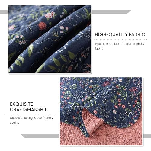 Travan 3-Piece Quilt Set Quilted Bedspread Lightweight Coverlet Set Garden Style Floral Printed Oversized Quilted Bedding Set for All Season, Blue Flower Sea, Queen Size thumbnail 4