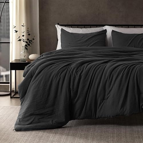 SLEEP ZONE King Size Comforter Set, Duvet Insert with Natural Wrinkle Texture, Cotton-Linen Feel, Lightweight and Breathable Fluffy Bedding Sets with 1 Comforter and 2 Pillow Shams (Washed Black) thumbnail 2