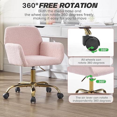 KCC Faux Fur Vanity Makeup Desk Chair, Comfy Fluffy Swivel Modern Leisure Armchair with Wheels, Upholstered Fuzzy Height Adjustable for Teens Women Girls Elegant Home Office, Pink thumbnail 5
