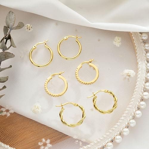 PABBEU Gold Hoop Earrings for Women Sterling Silver Post Small Gold Hoop Earrings 14k Real Gold Tiny Hypoallergenic Small Hoop Earrings Set for Women Men 13/15 /20mm thumbnail 3